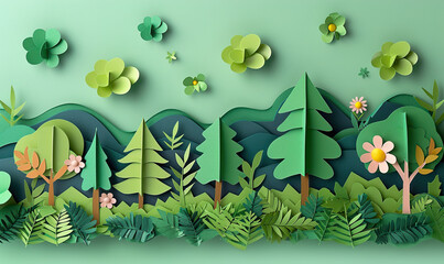 A colorful paper art composition of a stylized forest with flowers and trees. Generate AI