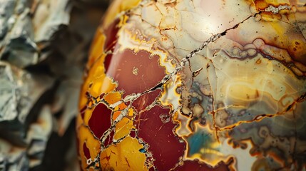 Amazing detailed texture of a colorful stone sphere with veins of different colors.