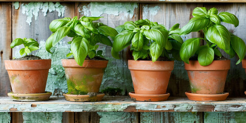 pots of basil plants sitting on an old wooden shelf, generative AI