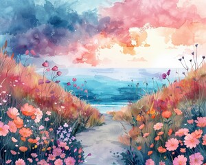 A watercolor illustration of a desert landscape at dusk, with colorful skies and serene desert elements in the background Generative AI