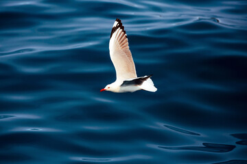 Beautiful seagull gliding over a glassed out blue ocean