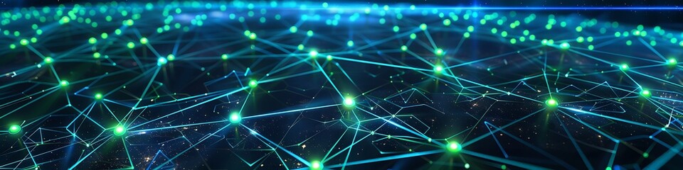 Obraz premium An expansive network of glowing nodes in electric green connected by neon blue lines against a night sky background