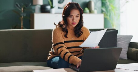 Typing, paper and woman on couch with laptop for internet, online spreadsheet and planning household budget. Computer, document or accountant girl on sofa for remote work with bills or loan statement