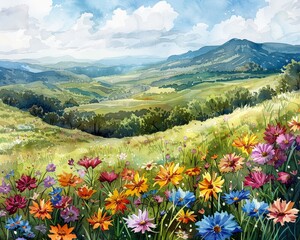 Fototapeta premium A watercolor illustration of a serene forest scene with colorful foliage and soft, dreamy elements in the background Generative AI