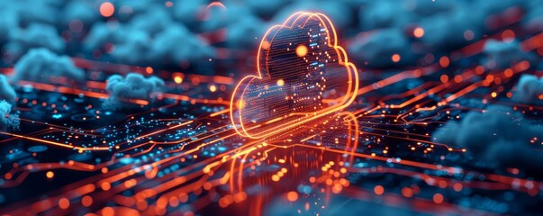 3D illustration of Cloud computing, Digital cloud icon with circuit board patterns and data flow lines on the background AI technology concept Background image of the city with clouds in blue tones
