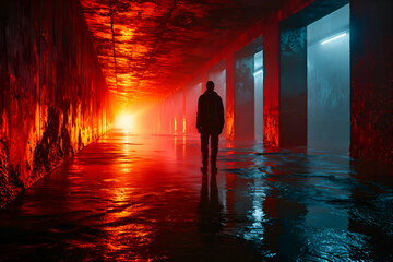 Fototapeta premium Man walking in dark corridor with lights and reflections on the floor.