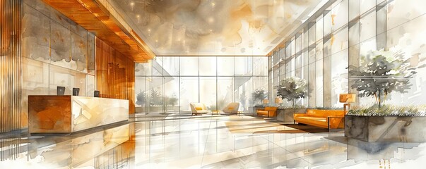 A watercolor architectural sketch depicting a modern office lobby with ample natural light, large windows, and wood accents