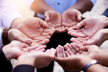 Charity, people and hands asking for donation for support, hope and giving aid in fundraising for society. Group, offer and request for kindness to poor, community or gratitude for investment