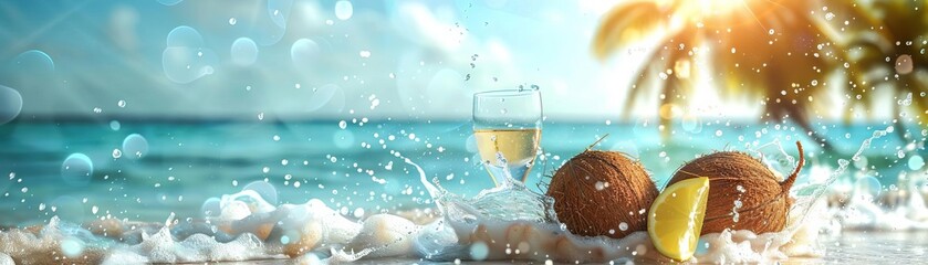 Summer vacation banner featuring a coconut with sunglasses and cocktails splashing in the sea, blue sky, sunlight reflections, bokeh effect, and copy space