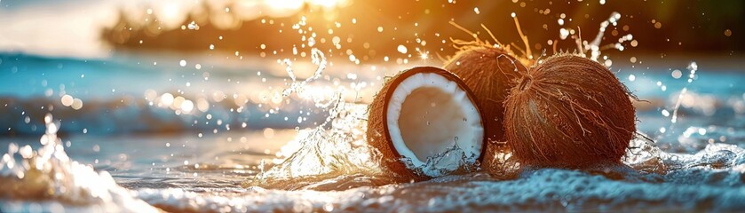 Tropical coconuts and Charles with splashing water on the beach, summer vacation concept Coconuts and splashing water on the beach