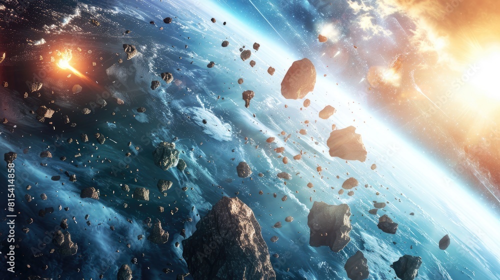 Poster large metallic asteroids from outer space hurtle towards the planet descending through its atmospher
