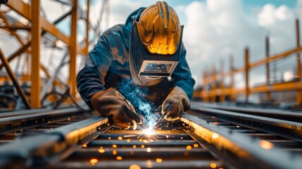 A welder doing precision work on the metal frames of a modern art museum.