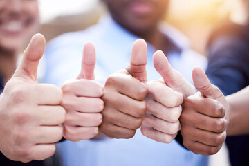 Business, people and thumbs up in outdoor together, approval and ok sign for support or...