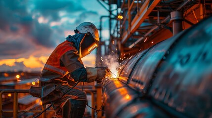A welder at an oil refinery doing maintenance welding on a storage tank.