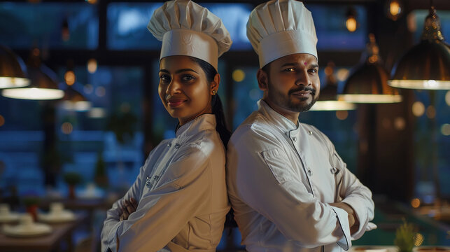 Indian male and female chef standing confidently