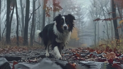   Black and white dog in a foggy forest with many leaves, border collie in foreground