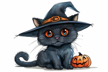 A black cartoon cat wearing a witch's hat. Halloween concept. On white isolated background
