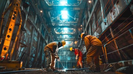 A team of welders assembling a metal structure in a large dam project.