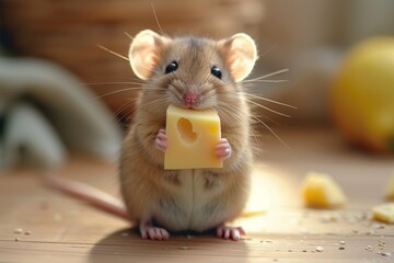A small mouse holding a piece of cheese. 