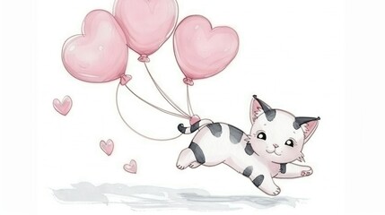   Black-and-white cat flying with three pink heart balloons