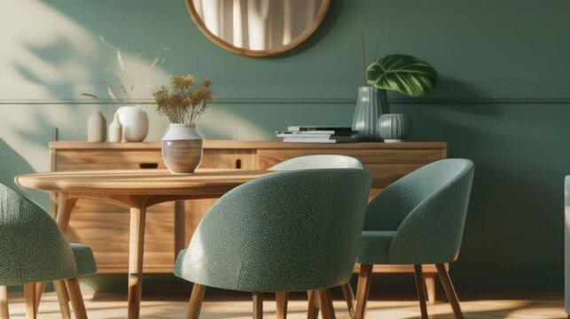 Mint color chairs at round wooden dining table in room with sofa and cabinet near green wall. Seamless looping time-lapse virtual 4k video animation background