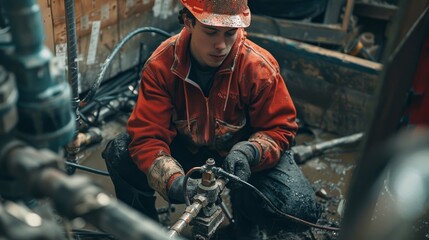 A plumber working on the water supply lines for a new gymnasium.