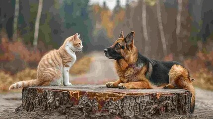   A cat and dog perch on a tree stump amidst a dirt road, surrounded by forest - Powered by Adobe