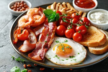 Full English breakfast on plate.