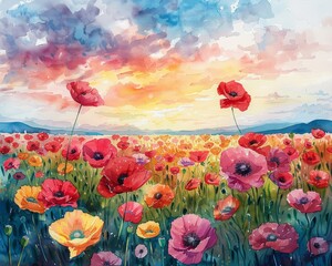 Fototapeta premium A vibrant watercolor painting of a meadow filled with fireflies at dusk, with colorful flowers and natural elements Generative AI