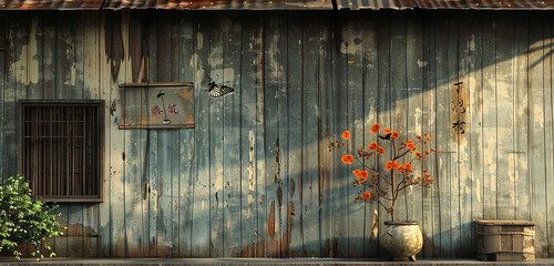 A solitary butterfly flutters near the tea store, adding a touch of whimsy to its serene exterior against the backdrop of the weathered wooden wall.