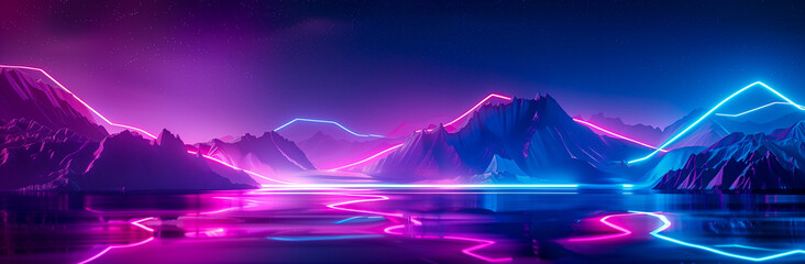 Surreal neon fantasy mountain, lake and night sky. Abstract panoramic background. Rocky mountains and glowing neon lines in motion landscape. Floating energy 3D effect concept