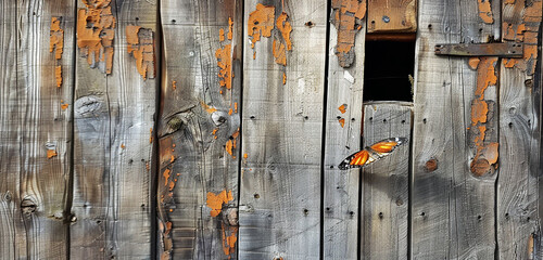 A solitary butterfly flutters near the tea store, adding a touch of whimsy to its serene exterior against the backdrop of the weathered wooden wall.