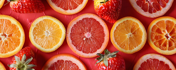 Tropical fresh fruits with grapefruit and strawberry on red background with copy space.