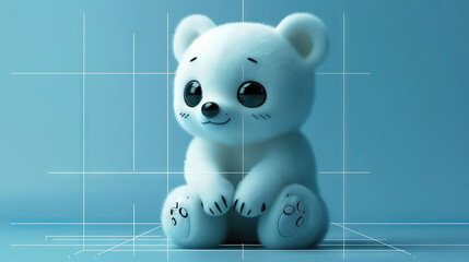   A white  bear with large, expressive eyes occupies the center of a blue background In the foreground, a subtle grid of lines adds depth and dimension to the image