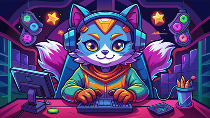 cat gamer close-up wearing headphones sitting at the computer on a purple background