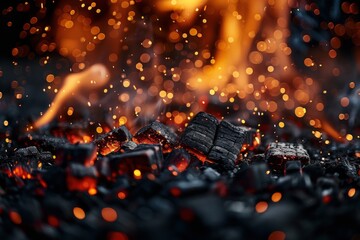 Background of barbecue charcoal with fiery flames and abstract defocused sparks. Intense heat ignites the scene.







