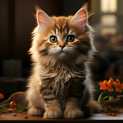Obraz premium Cute Maine Coon kitten sitting on the table with autumn leaves