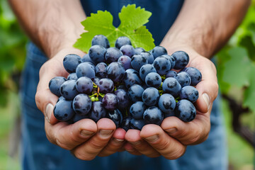 A farmer's hands pick ripe grapes in a vineyard during harvest. The image can be used for...