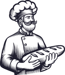 Baker holding delicious bread or French bagueteChef with pastry on hand.Sketch style hand drawn vintage vector illustration