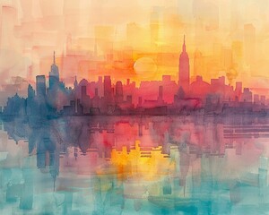 A watercolor city skyline at sunrise, with soft, colorful hues and silhouetted architectural elements in the background Generative AI