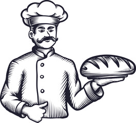 Baker holding a delicious bread. Chef wearing hat and uniform, showing pastry or French baguette on hand. Vector Hand drawn engraving style illustration.