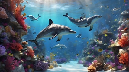 Fototapeta premium An enchanting underwater kingdom with vibrant coral reefs and playful dolphins. --ar 3:2 --v 4 