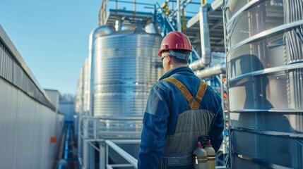 A plumber performing maintenance on a large cooling tower outside a commercial facility.