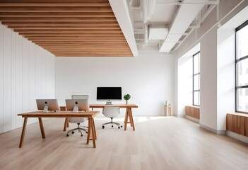 Wooden and white open space office interior with white wall. Generative AI