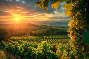 Warm sun rays on juicy grapes. Concept of grape harvesting season, viticulture