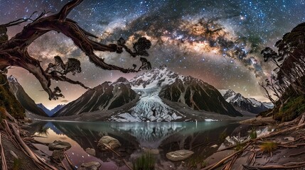   The sky is brimming with stars, mirrored on a mountain lake A tree's reflection graces the water's surface