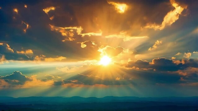 The sun is shining brightly through the clouds, creating a beautiful