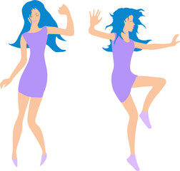 Vector illustration A girl with long hair in a club dress dances selflessly. purple dress and blue long hair. Two dancing free style poses. Slender figure of young energetic girl in relaxed dance