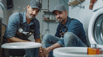 A plumber and an apprentice installing a new toilet in a residential bathroom.