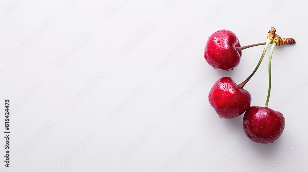 Poster isolated red cherry on white background with space for text view from above